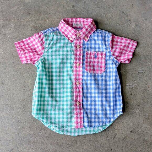 Ralph Lauren Blue Pink Green Striped Onesie and Gingham Plaid Shirt Bundle 9M - Picture 7 of 11